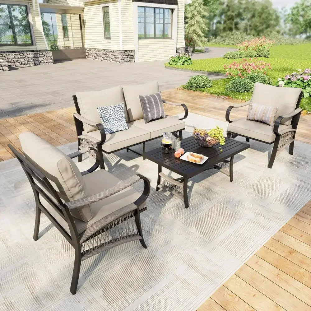 Outdoor Furniture Loveseat - 4-delige metalen tuinmeubelset met salontafel, inclusief