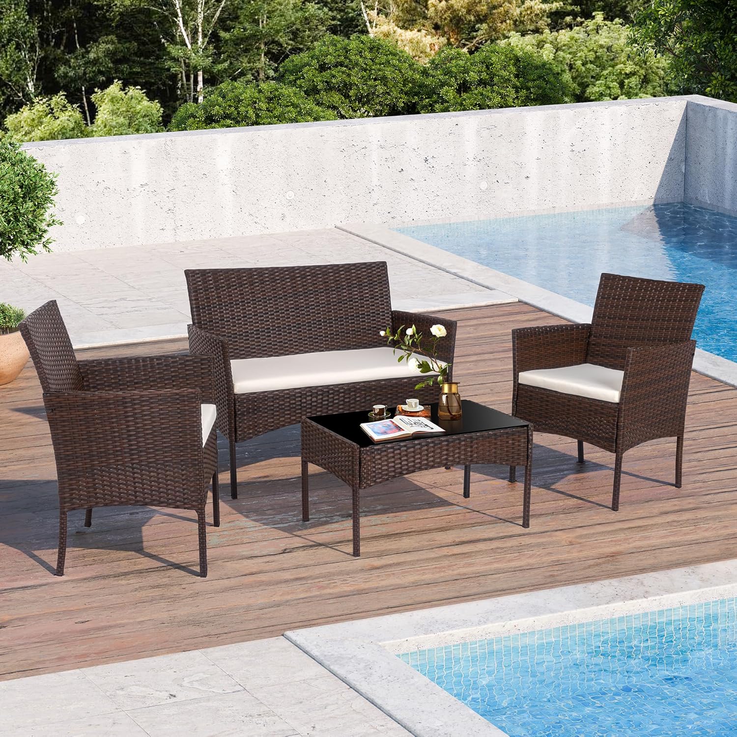 Outdoor Furniture Loveseat - Bruine Wicker Rattan 4-delige tuinmeubelenset voor